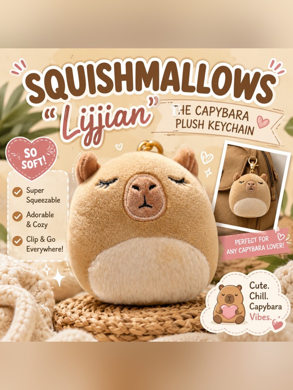 Squishmallows Lijjian Capybara Plush Keychain Clip Cute Kawaii Mini Plush
